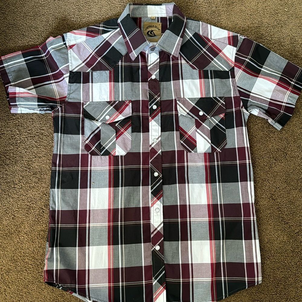 Coevals Club Maroon and Grey Checked Snap Front Short Sleeved Short